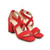 Big Size Casual Women Sandals Black Flock 7cm High Square Heels Peep Toe Summer Cross Buckle Strap Party Office Red Lady Sandals