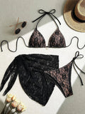 with Mesh Sarong Lace Halter High Cut Bikini Female Swimsuit Women Swimwear Three-pieces Bikini Set Bathing Suit Swim Beachwear