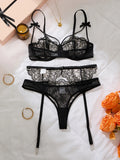 Black Thigh-High Stockings With Sexy Lace Single-Layer Thin Embroidered Lingerie Set, French-Style Pure Passion ZA825205