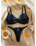 Toucheart Sexy Bra Underwear Set For Women Embroidery Butterfly Printing Patchwork Mesh Hollow Out Perspective Underwear Suit
