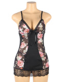 Sexy Women Mesh Printed Honeymoon Nightgown Lace Trim Adjustable Strap Sleep Dress Sheer Black Chemise Lingerie XS-L With Thong