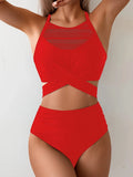 Sexy Black Mesh Patchwork Bikini Set 2026 Women Hanging Neck Bandage Cross High Waist Swimsuit Beach Bathing Suit Swimwear