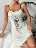 Summer Cute Letter Print Nightdress Women Nightgown Spaghetti Strap Mini Cami Lettuce Hem Contrast Trim Loungewear