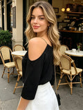 Women Summer T-Shirt Solid Color Off Shoulder Short Sleeve Chain Loose Tops for Streetwear Casual Elegant Shirts