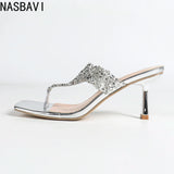 NASBAVI 7cm Thin-heeled Flip-flops for Summer, Shiny Rhinestones, Square-toed, Open-toed, Hermeted Casual Outerwear for Women