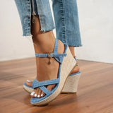 Summer Slope Heel Buckle Open Toe Wedge Ultra High Heel Women's Sandals 2026Fashion One Line Buckle Sandals Women Shoes  Heels
