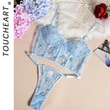 Toucheart Sexy Lingerie Mesh Embroidered Flowers Underwire Fishbone Sexy Floral Transparent Lace Underwear Sexy Lingerie Suit