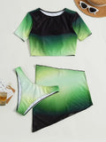 3 Pieces Ombre High Neck Bikini Swimsuit & Beach Skirt Green Swimwear Female Beachwear Bathers Bathing Swimming Suit Summer