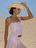 Women Pant Set Sheer Layers Spaghetti Strap Backless Lace Top Straps Solid Loose Straight Elastic Hem Fashion Beach Chic Suits