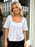 Women's Retro Casual Babydoll Blouse Summer Loose Fit Tops Lace Trim Short Sleeve Square Neck Button Up Shirts