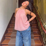 FDYOUI Women's Halter Off Shoulder Camisoles 2026 Summer Sexy Lace-up Backless Pink Tank Top Girls Loose Solid Tops Streetwear