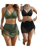 Women's 2 Piece Bikini Set for Pool Beach Spaghetti Strap Bra and Elastic Waist Mesh Skort Cover-ups Bathing Suit