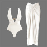 2Pcs Deep V Swimsuit With Long Skirt Women Sexy Swimwear Female Bikini Cut Out Biquini Swim Suit Shiny Button Bodysuit Beachwear