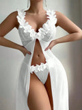 Pink Floral Sexy Lingerie Dress Women Nighties Exotic Babydolls Slip Nightdress Deep-V Lace Mesh See Through Nightgowns