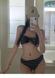 Elegant Black White Stripe Three Piece Swimsuit Set with Halter Buckle Top Wrap Skirt Modest Swimwear for Beach Pool Vacation