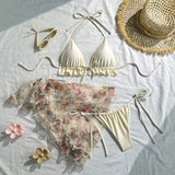 Vintage Mesh Floral Print Cover Up 3 Piece Bikinis Sets 2026 Women Ruffles Push Up Thong Swimsuit Beach Bathing Suit Swimwear