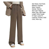 Women High Waist Straight Wide Leg Pants Solid Color Suit Pants Elastic Slant Pockets Loose Office Trousers