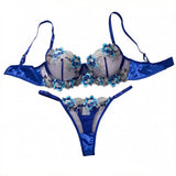 Royal Blue Floral Embroidery Satin Mesh Lingerie Set Underwire Bra With Matching Thong Women Sexy Intimates ZA825146