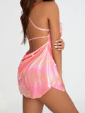 Women Sleeveless Backless Party Club Dress Solid Color Shiny Spaghetti Strap Mini Dress for Cocktail Nightclub Beach