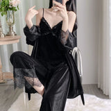 Gold velvet three-piece pajamas set, autumn and winter lace nightgown, sexy home wear with chest pad