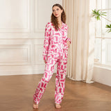 Women's Loose Two Piece Lounge Set Long Sleeve Lapel Boots Print Shirt Pants Fall Winter Satin Sleepwear Sets