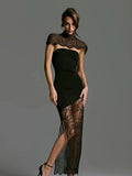 Ahagaga Fashion Women's Maxi Dresses Lace Patchwork Sexy Sheer Split Bodycon Slim Fit Turtleneck Sheath Female Party Vestidos