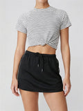 Women's Yoga Outfit Set Black Stripe Tennis Skirt Workout Clothes Short Sleeve O Neck Sports T Shirts Mini Skorts Fitness Sets