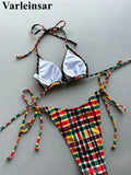 Sexy Plaid Halter Bikini Female Swimsuit Women Swimwear Two-pieces Bikini set High Leg Cut Padded Bather Bathing Suit Swim V7930
