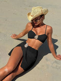 With Skirt Wrinkled Bandeau Bikini Female Swimsuit Women Swimwear Three-pieces Bikini Set Metal Ring Bathing Suit Swim Beachwear