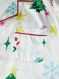 Women's Christmas Satin Pajama Set Long Sleeve Lapel Santa Claus/Christmas Tree Print Shirt Shorts Two Pieces Sleepwear