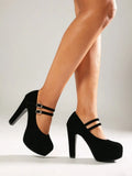 Sexy Black Faux Suede Double Buckle Straps Platform Mary Jane Pumps High Heels Wedding Club Daily Dress Shoes Women Plus Size 48