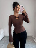 Autumn and winter inner asymmetrical hollow metal decoration slim fit daily outer top