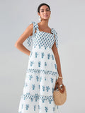 Flower Print Tie Strap Swing Dress Women A-Line Square Neck Tiered Ruffled Summer Bohemian Beach Long Tank Dress