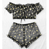 Mesh Floral Printed Off Shoulder 2Pcs Lingerie Set for Women Sexy Underwear Transparent Tops+Shorts Panties Exotic Sets