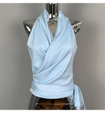 Women Blouses Slim Fit V-neck Lace Up Open Stitch Versatile Sleeveless Top For Female Chiffon Tops Summer Fashion PPAY