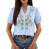 Women Floral Embroidery Puff Short Sleeve T Shirt Stand Collar V Neck Button Down Loose Solid Tees Summer Boho Casual Office Top