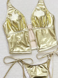 Sexy Gold Leather Micro Bikini 2026 Women Sexy Hollow Out Push Up Top Bandage Thong Swimsuit Summer Bathing Suit Hoiday Swimwear