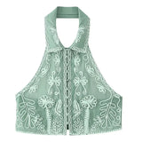 Women's Fashionable Lapel Embroidered Backless Shorts Set J25E