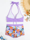 Halter Bikinis 2026 Women Printed Swimsuit Shorts High Waist Swimwear Female Bathers Swimming Bathing Suit Summer Beachwear