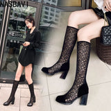 Spring and Autumn New Fashion Square Heel Mesh Hollow Women's Sweet Breathable Knee Long Sandals Boots High 7.5cm Size 33-43