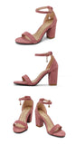 Beige Suede Ankle Strap Block Heel Sandals for Women, Round Open Toe with Rhinestone Accent, Multiple Colors Available