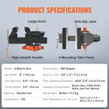 VEVOR Bench Vise 4.5" 6" 6.5" Multipurpose with Swivel Base & Anvil Heavy Duty Cast Iron for Drilling, Conduit Cutting, Sanding