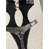 S - XL Snake Skin Deep V Neck Cut Out One Piece Swimsuit Women Swimwear Female Backless Monokini Bather Bathing Suit Swim V7985
