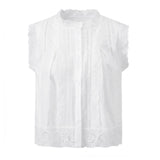 Summer Women’s Button Down Eyelet Tops Solid Color Sleeveless Round Neck Lace Trim Shirts Daily Casual Blouse Summer