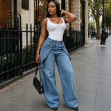 European and American style casual jeans street fashion staggered button design straight leg