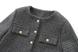 Foridol Tweed Knitted Dark Grey Blazer Coat Women Autumn Winter Gingham Short Coat Office Lady Vintage Buttons Veste