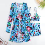 New Sexy 3 Pieces Suit for Women Neck Hanging Bikini Set+Cover-up Swimwear Sunproof Tankini High Waist Shorts Swimsuit Beachwear