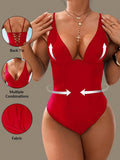 S - XL V Neck Tummy Control Female Swimwear One Piece Swimsuit Women Monokini Lace Up High Cut Bather Bathing Suit Swim Bodysuit