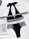 New Sexy Bikini Women Swimwear Swimsuit Striped Patchwork Hollow Halter Knotted High Waist Bikinis Set Bathing Suit Beach Bikini