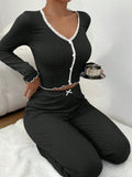 Women Autumn Winter Sleepwear Blue Lace Long Sleeves T-shirt Tops and Trousers 2 Pieces Pajamas Set Loungewear Home Suit